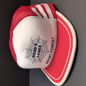 VTG,Webb's Lanes Mount Forest Red/White 3 Stripe Snapback Trucker Hat.